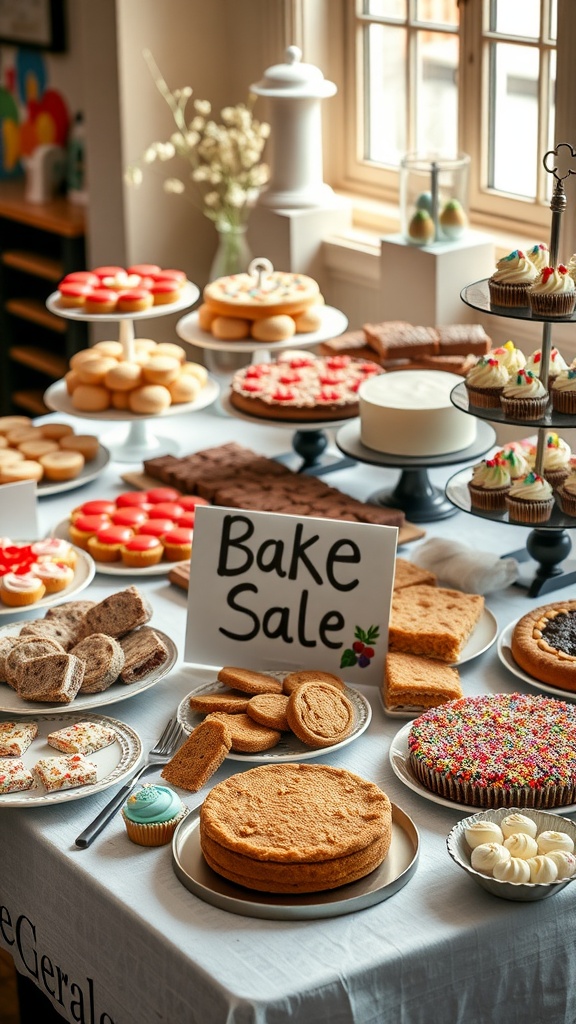 A variety of baked goods including cookies, brownies, and cupcakes on a table for a church bake sale.
